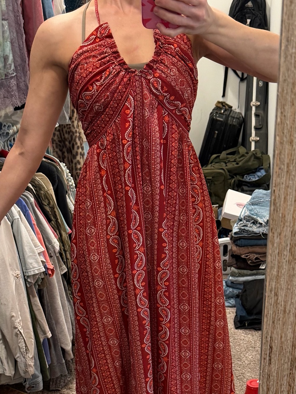 SHEIN Red Paisley Halter Maxi Dress